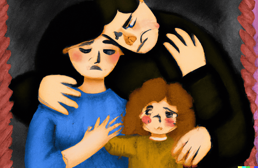 Financial hardship emotional support child comforting mother depression illustration.