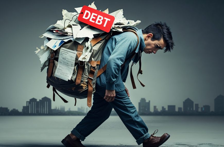Overwhelmed man with pile of debt papers and a "DEBT" sign on his back, struggling with financial stress.