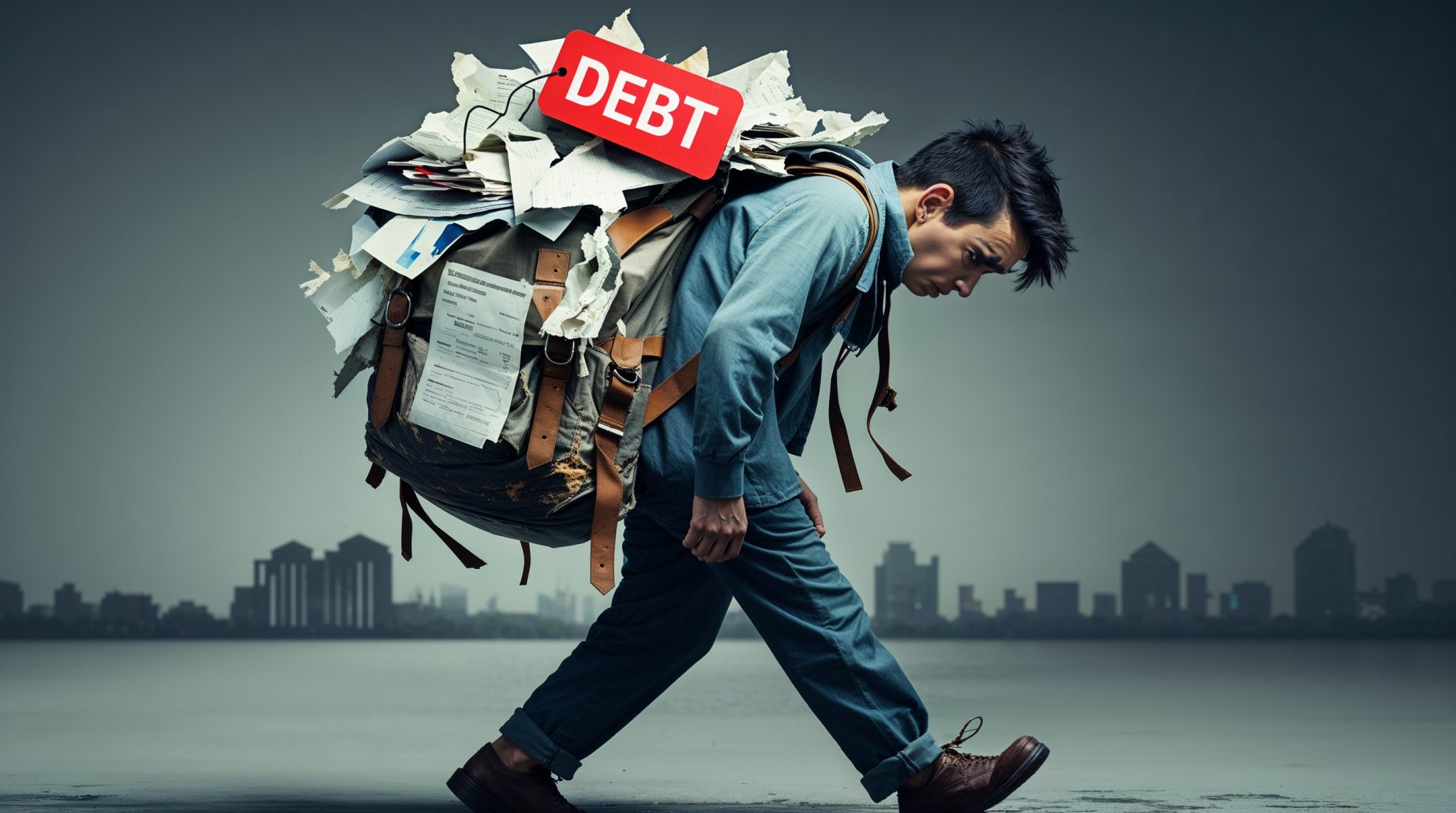 Debt-to-Income Ratio Made Simple: Understand It & Take Control Overwhelmed man with pile of debt papers and a "DEBT" sign on his back, struggling with financial stress.