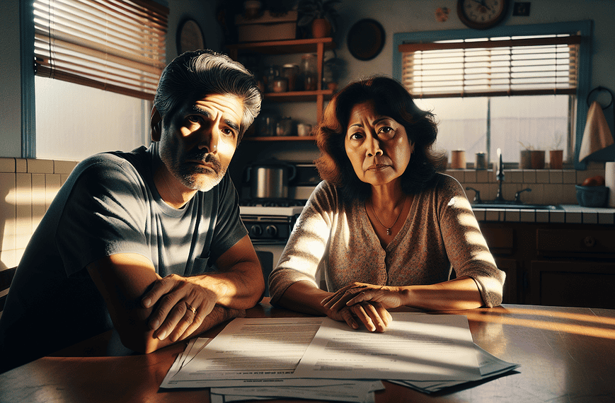 Debt relief counseling with worried couple at kitchen table, financial hardship, debt problems, overwhelmed by bills, financial stress.