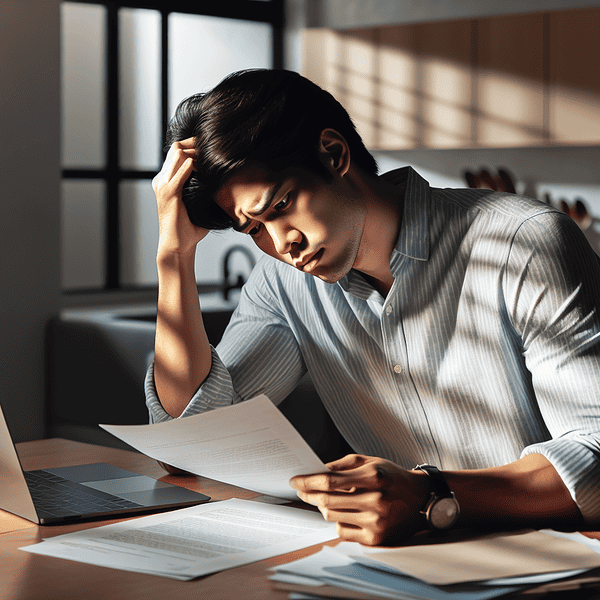 Frustrated man with debt stress reviewing paperwork at home, seeking debt relief solutions.