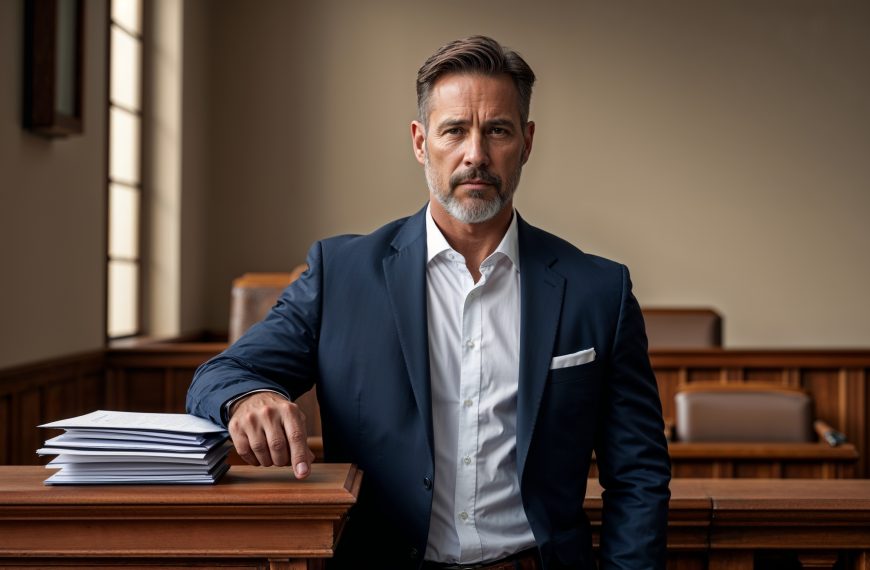 Professional man in a courtroom wearing a suit and holding a stack of documents.