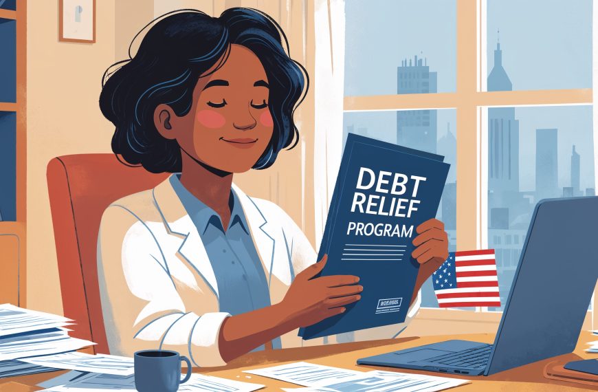 Debt relief program brochure held by woman at desk with laptop and paperwork, promoting debt reduction services.