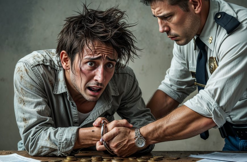 Distressed man in handcuffs with police officer, representing debt or legal issues related to financial struggles.