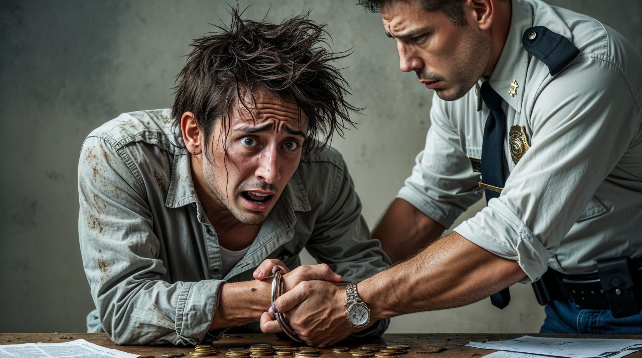 Distressed man in handcuffs with police officer, representing debt or legal issues related to financial struggles.