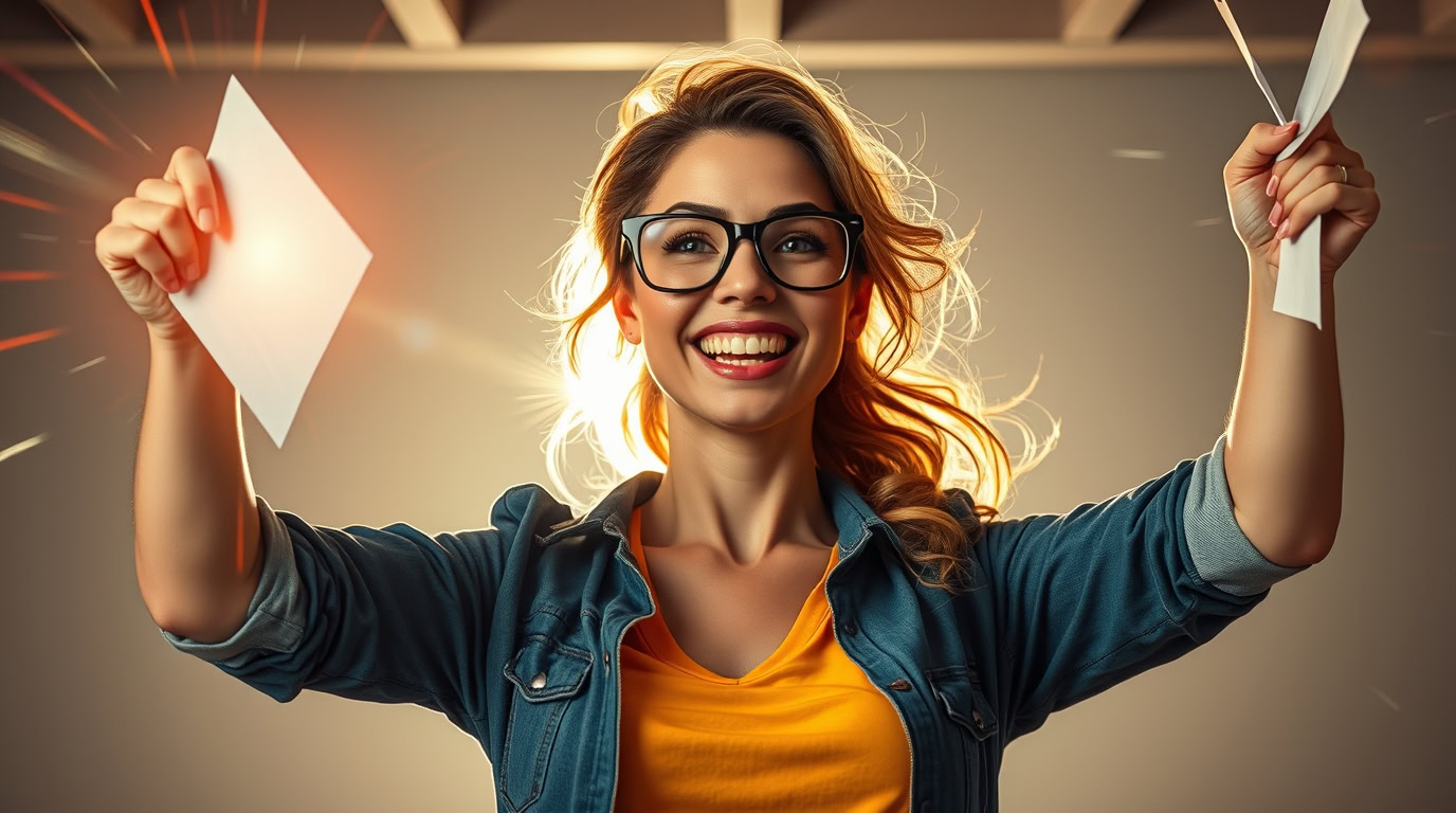 Happy woman celebrating financial freedom and debt relief success.