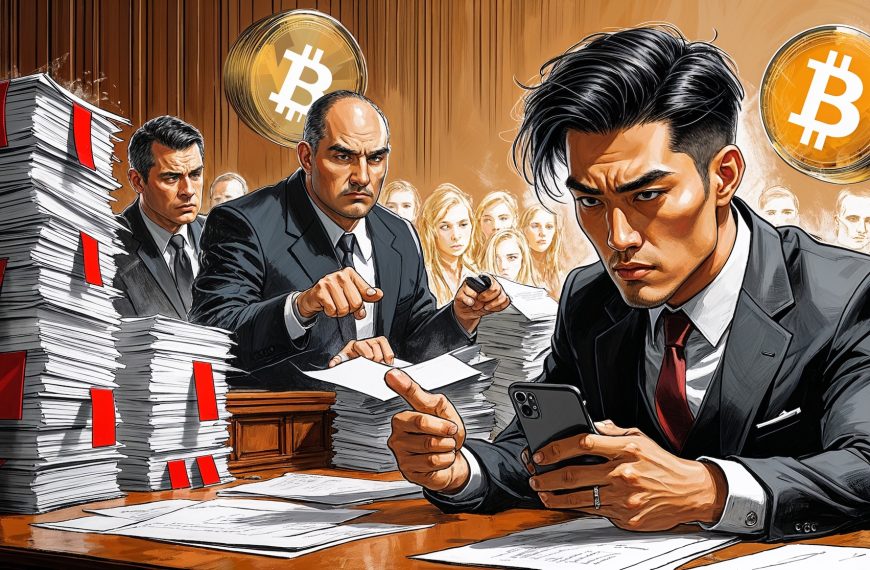 Stacks of debt papers, serious businessmen, cryptocurrency symbols, stressing over debt and financial crisis.