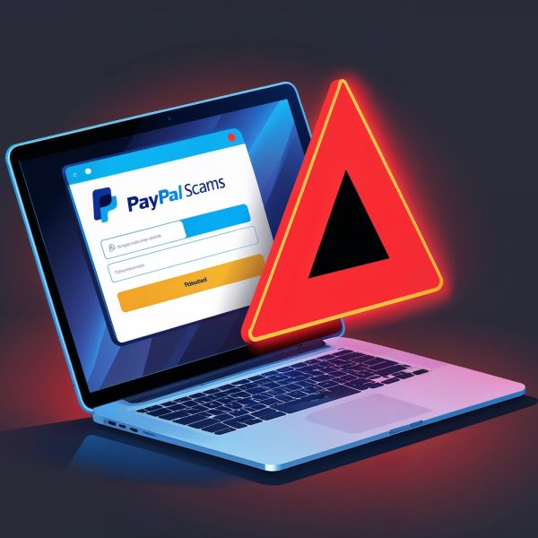PayPal scam warning alert on laptop screen showing "PayPal Scams" text and warning triangle.