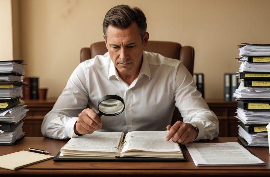 Stacks of debt and financial documents on a desk with man examining papers with magnifying glass.