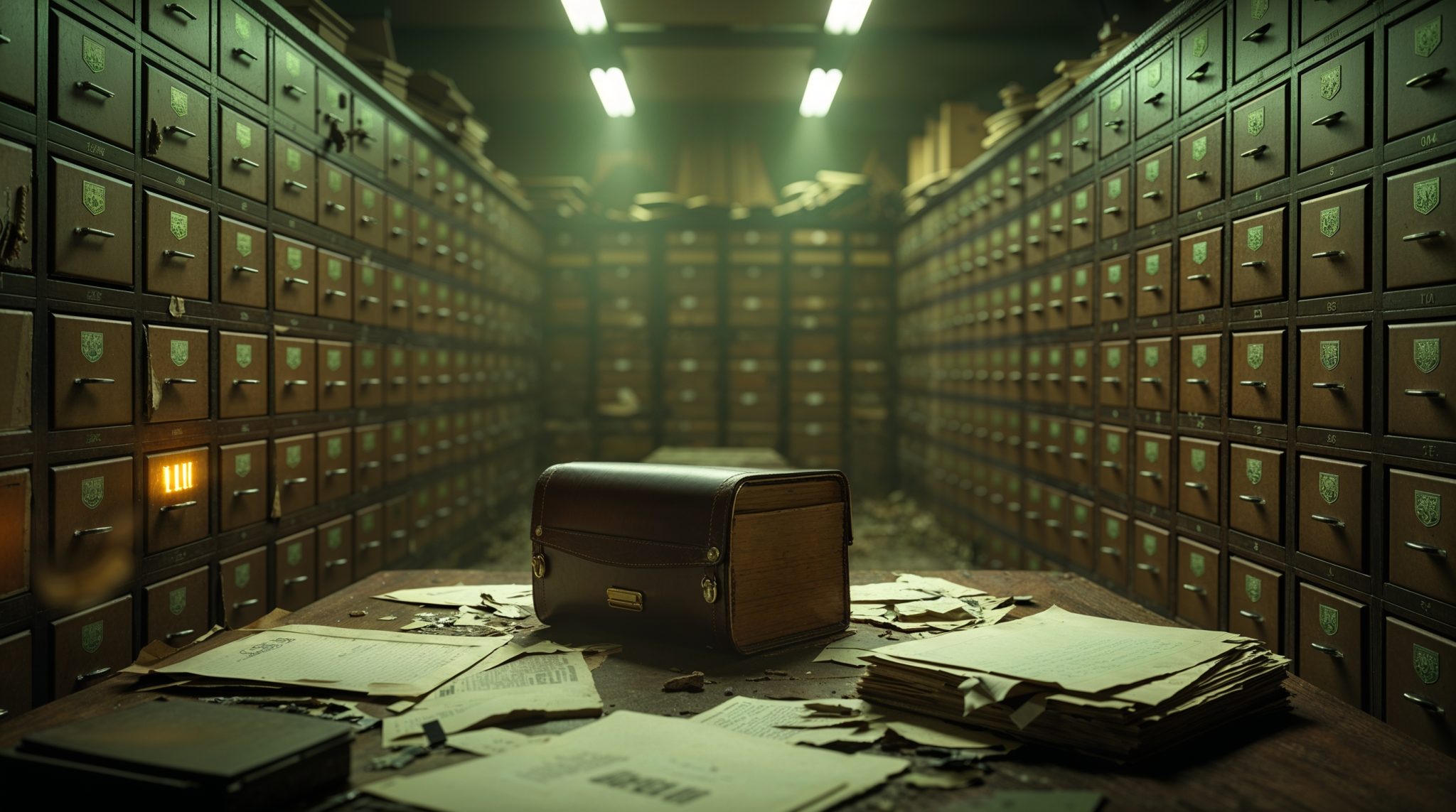 Disorganized bank vault with scattered paperwork and a briefcase, symbolizing debt management and financial trouble.