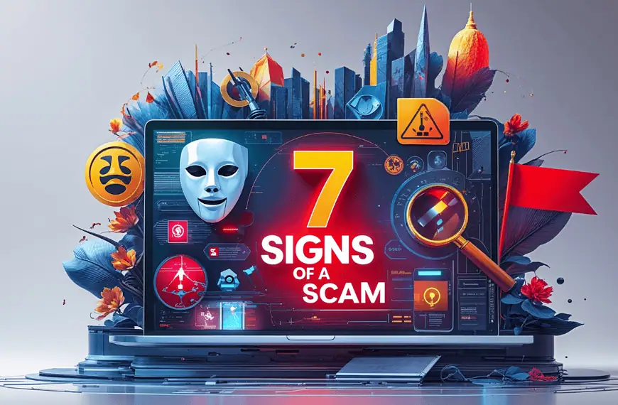 Deceptive scam signs warning of financial fraud and scams on digital devices, emphasizing awareness and protection.