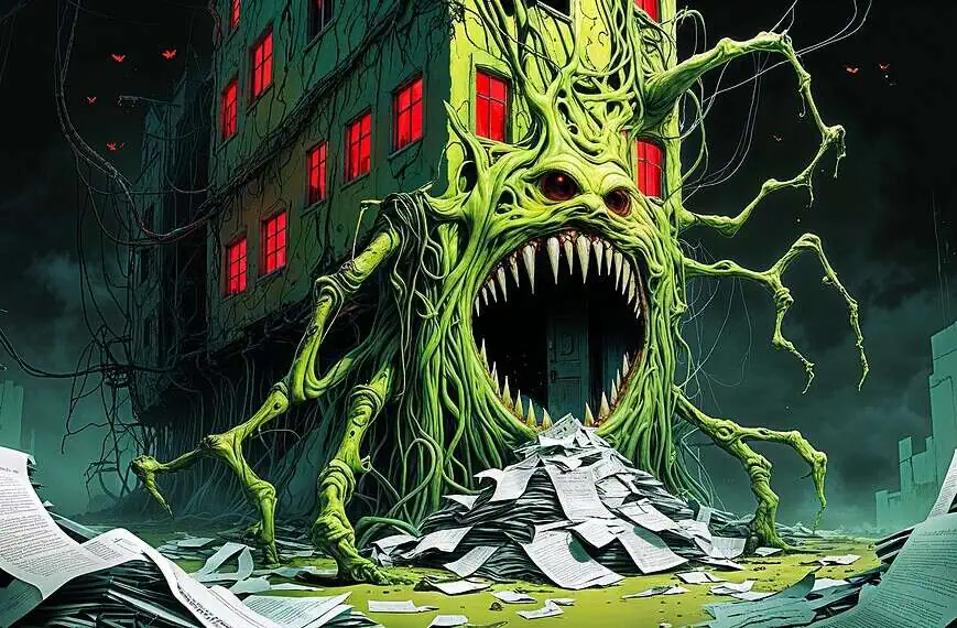 Menacing green monster emerging from a building, surrounded by papers and documents, symbolizing debt and financial chaos.