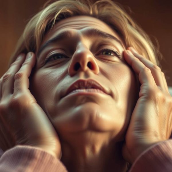 Overwhelmed woman holding her head, distressed about debt or financial stress.