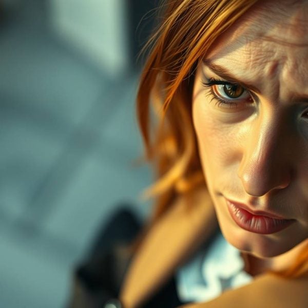 Stressed woman with red hair worried about debt and financial problems.