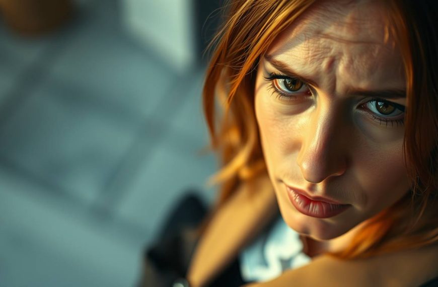 Stressed woman with red hair worried about debt and financial problems.