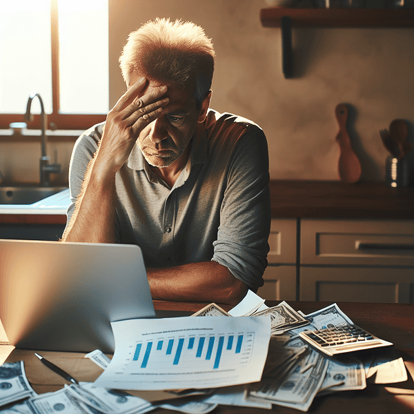 Overwhelmed man managing debt and finances at home, feeling stressed about personal debt and financial problems.