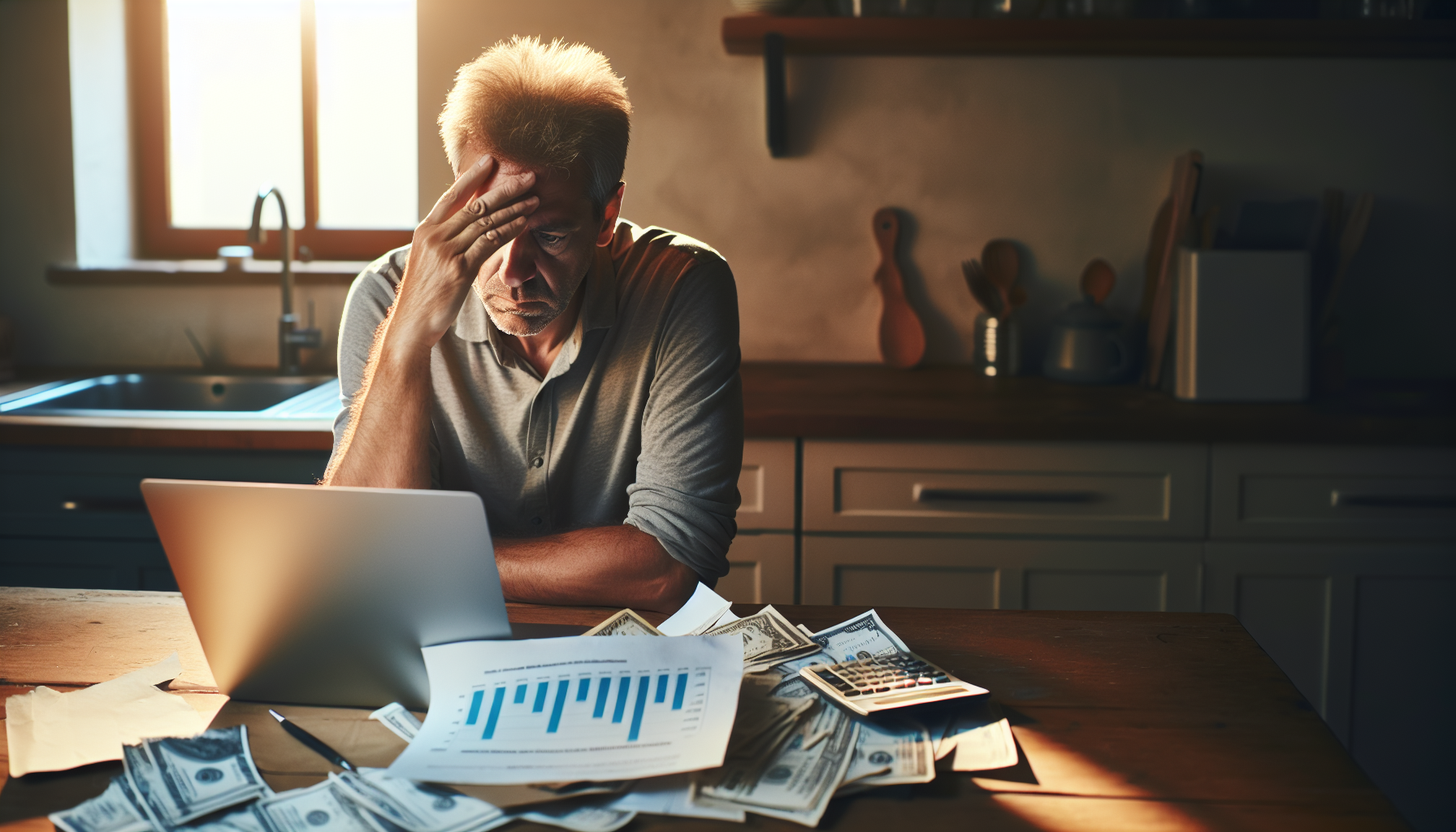 Overwhelmed man managing debt and finances at home, feeling stressed about personal debt and financial problems.