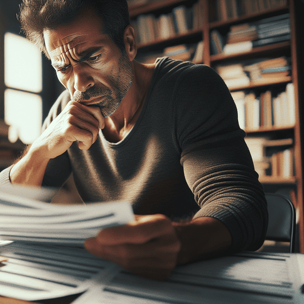 Confused man reviewing financial documents and bills for debt relief and financial management.