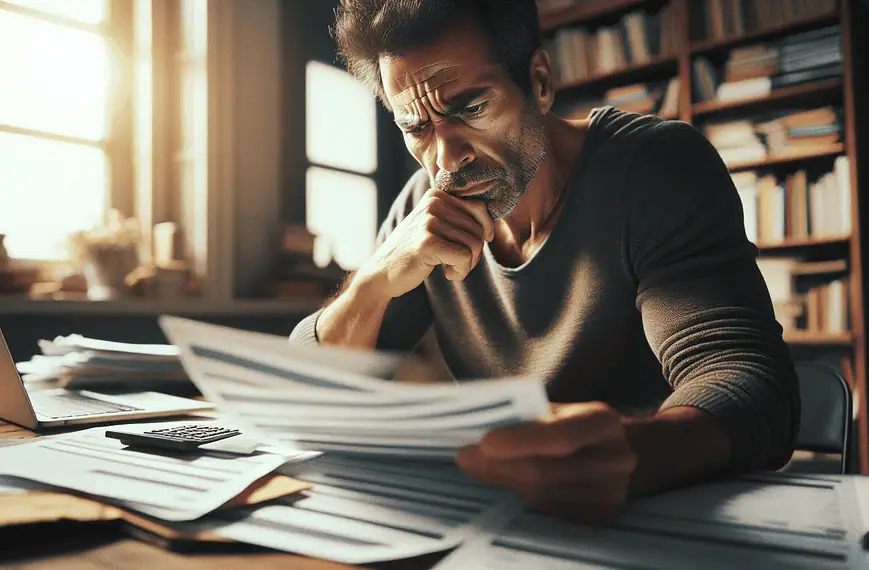 Confused man reviewing financial documents and bills for debt relief and financial management.