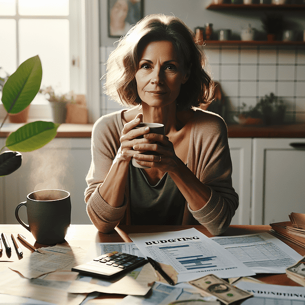 Debt relief advisor woman with financial documents and coffee at home.