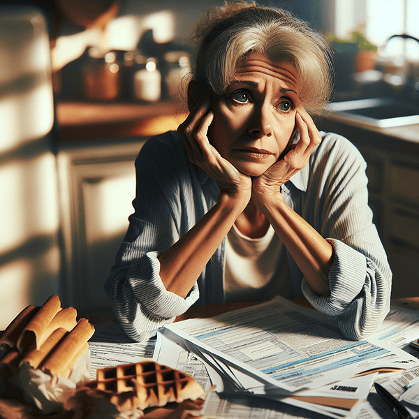 Overwhelmed woman with stacks of bills and calculator at kitchen table, financial stress, debt dilemma.