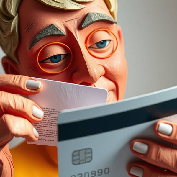 Frugal man with glasses holding a credit card and bill, focusing on debt repayment and financial advice.
