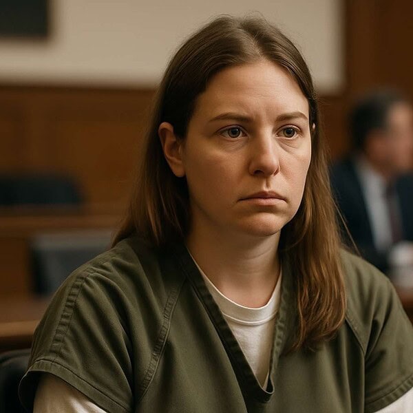 Overwhelmed woman in courtroom facing debt stress and financial difficulties.