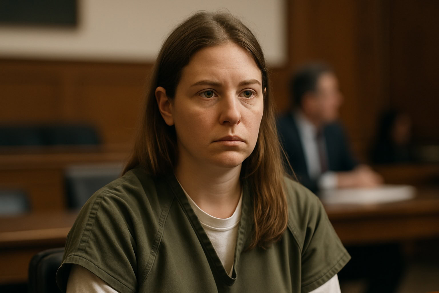 Overwhelmed woman in courtroom facing debt stress and financial difficulties.