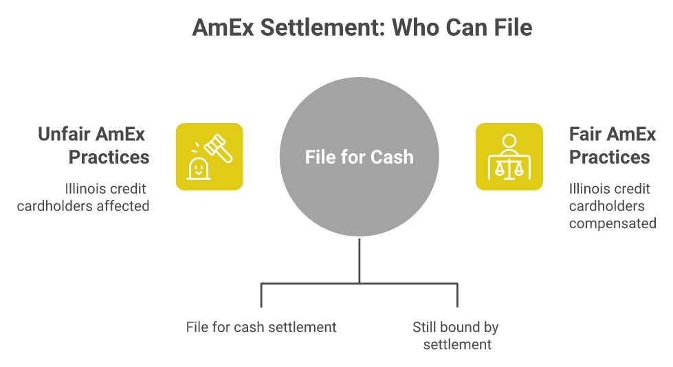 Infographic showing AmEx $17.5M settlement eligibility: Illinois non-rewards credit cardholders can file for cash, debit card holders in 9 states are class members with no payment