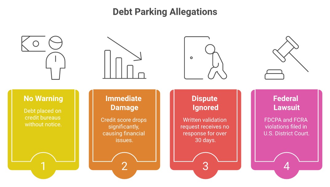Debt parking allegations infographic: 4 steps — No Warning, Immediate Damage, Dispute Ignored, Federal Lawsuit