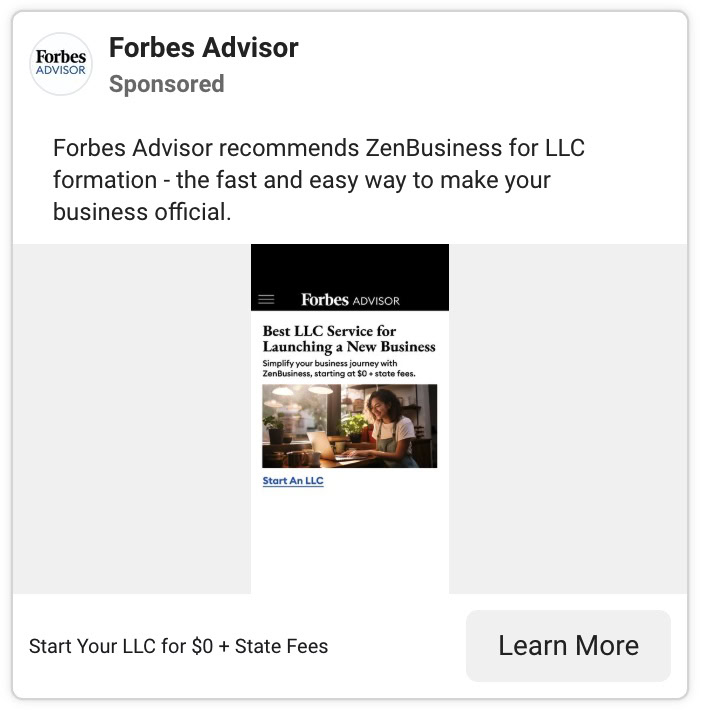 Forbes Advisor Facebook ad recommending ZenBusiness for LLC formation showing Best LLC Service for Launching a New Business in Forbes Advisor article layout