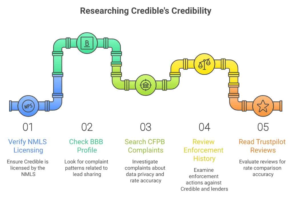 5 steps to research Credible loan marketplace: verify NMLS licensing, check BBB profile, search CFPB complaints, review enforcement history, read Trustpilot reviews