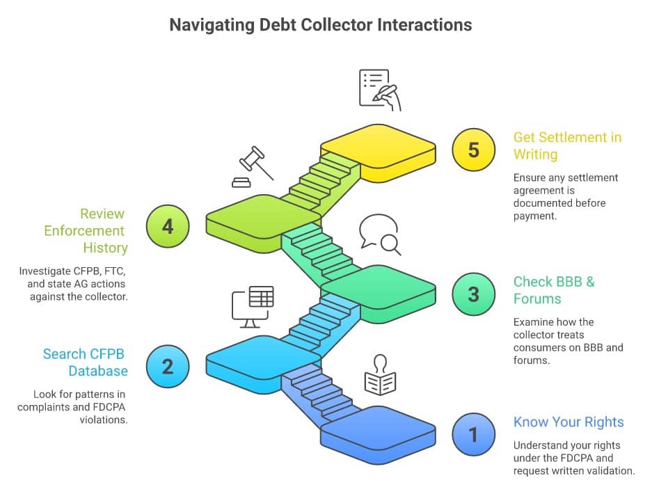 Debt collection process steps infographic for debt relief and management.