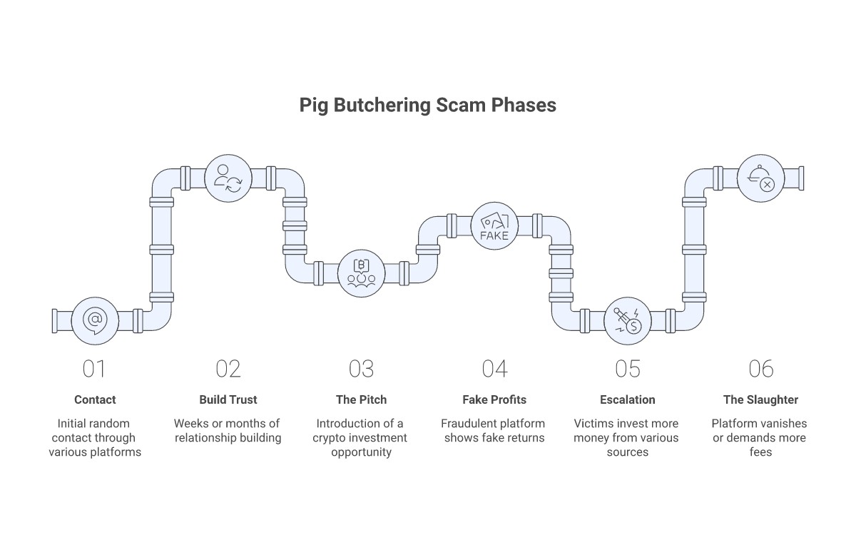Pig butchering scam process: contact, build trust, fake investment, steal money