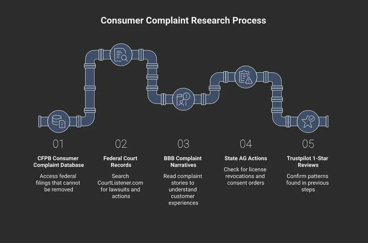 The 5-source verification method: CFPB, court records, BBB, state AG, Trustpilot 1-star reviews