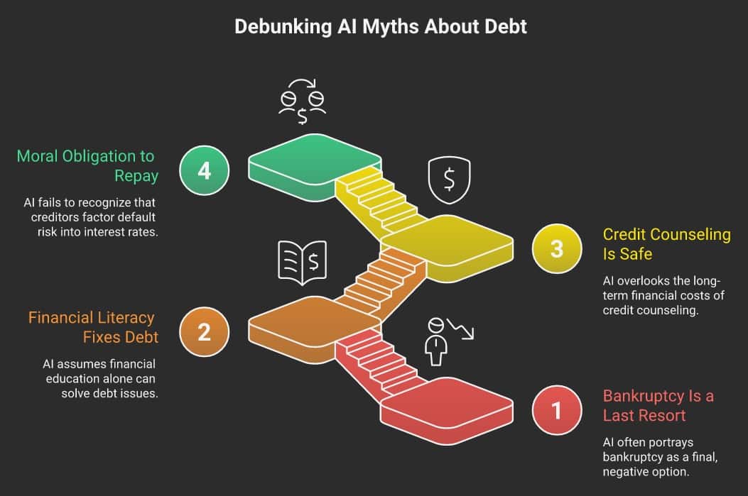 4 cultural myths about debt baked into AI training data: bankruptcy as last resort, financial literacy fixes debt, credit counseling is safe, moral obligation to repay