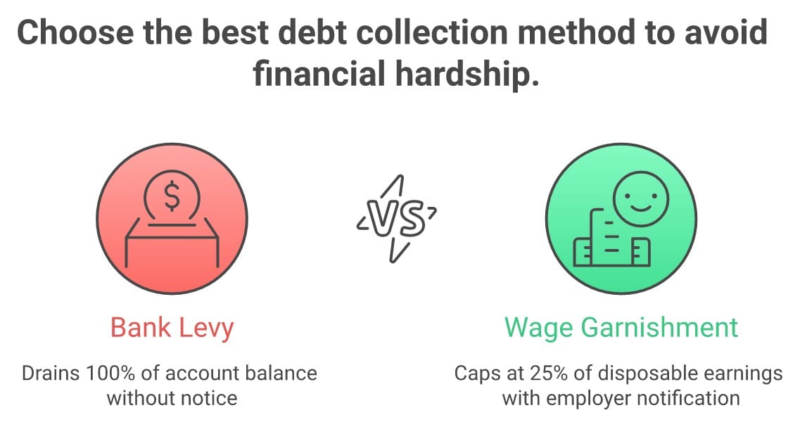 Bank levy vs wage garnishment comparison showing key differences in how debt collectors can seize funds