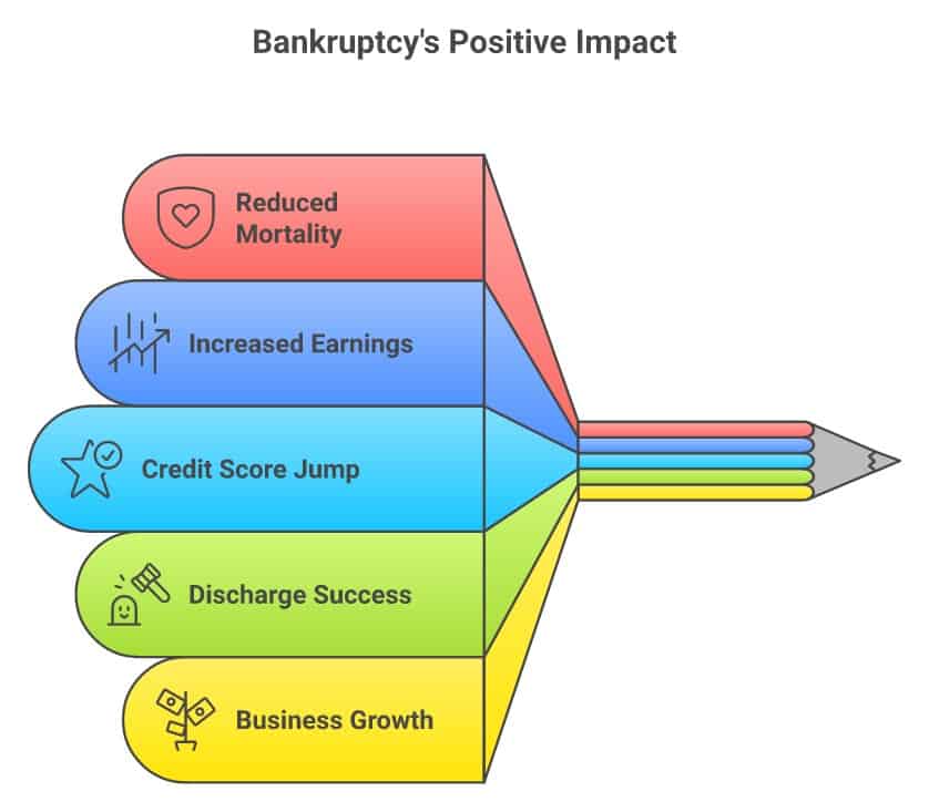 Infographic showing 5 research-backed benefits of bankruptcy: reduced mortality, increased earnings, credit score recovery, high discharge rate, and business growth