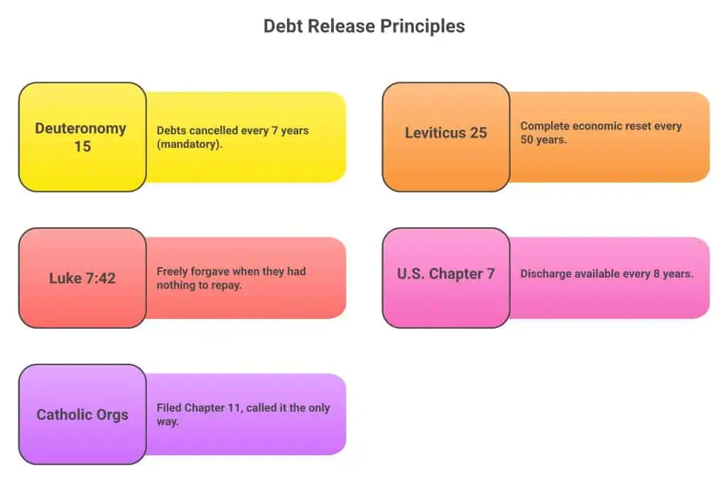 Five-item comparison showing biblical debt release principles: Deuteronomy 15 (7-year cycle), Leviticus 25 (50-year Jubilee), Luke 7:42 (freely forgave), U.S. Chapter 7 (8-year discharge), and 43 Catholic orgs that filed Chapter 11