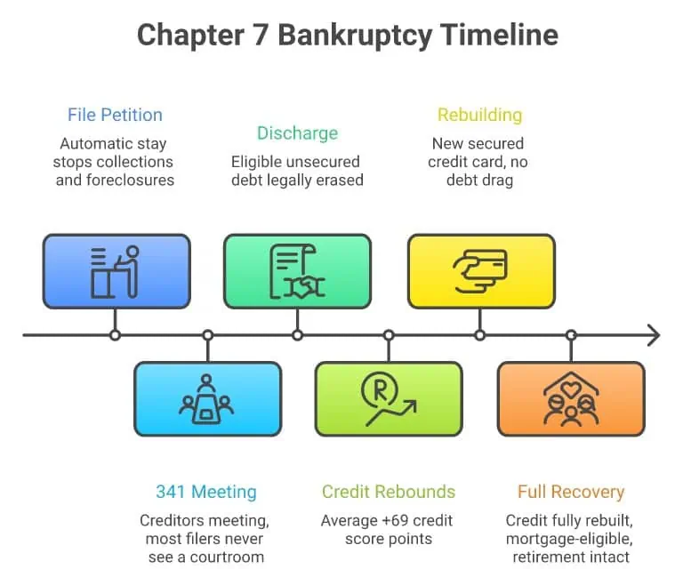 Chapter 7 bankruptcy timeline: from filing to automatic stay, 341 meeting, discharge, credit rebound, and full recovery in 2-3 years