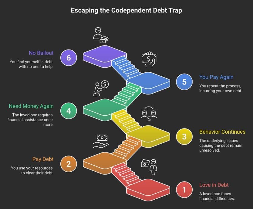 The codependent debt trap: 6-step cycle from loved one in debt through paying their debt, behavior continuing, paying again, and ending up in debt yourself with no bailout