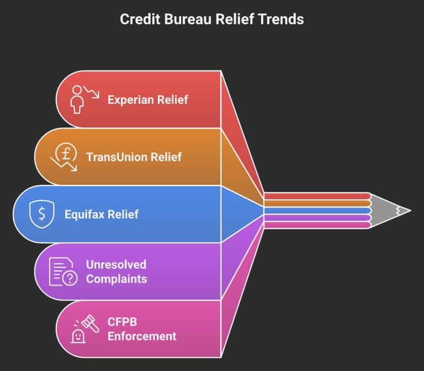 Chart showing credit bureau consumer relief rate trends: Experian collapsed, TransUnion dropped sharply, Equifax stable due to binding CFPB consent order