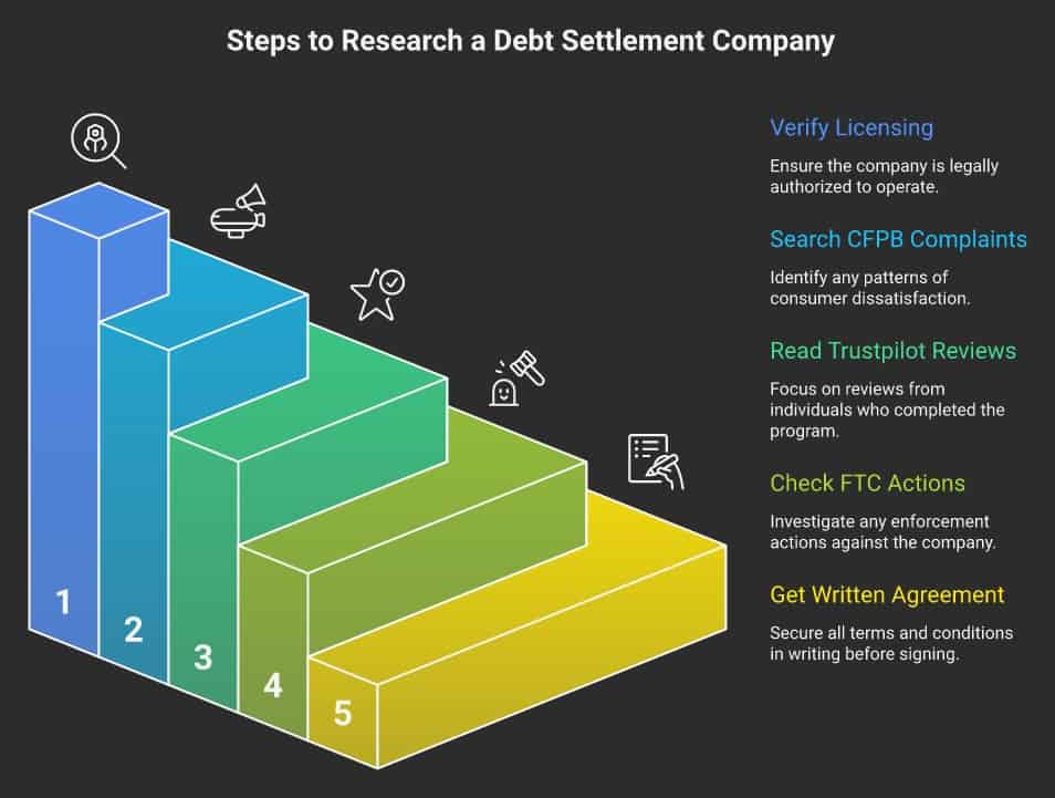 Visual guide to debt settlement steps by Steve Rhode, including verification and agreements.
