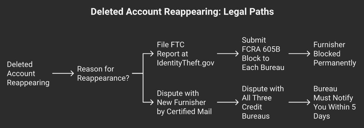 Flowchart showing two legal paths when a deleted credit account reappears: fraudulent account uses FCRA 605B block, inaccurate debt uses FCRA 611 dispute process