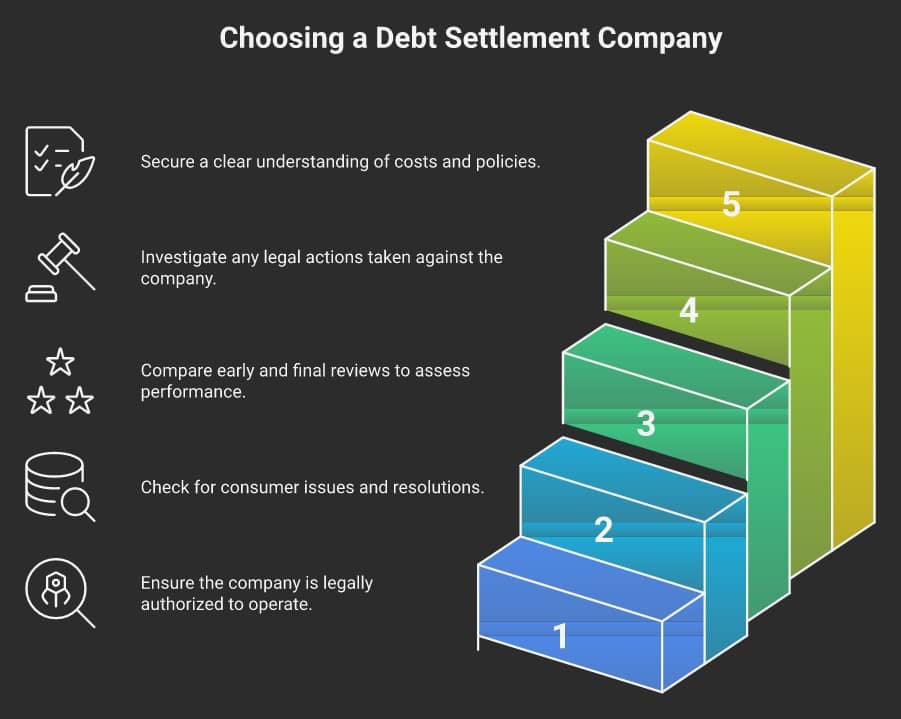 Steps for choosing a debt settlement company, including understanding costs, legal actions, reviews,.