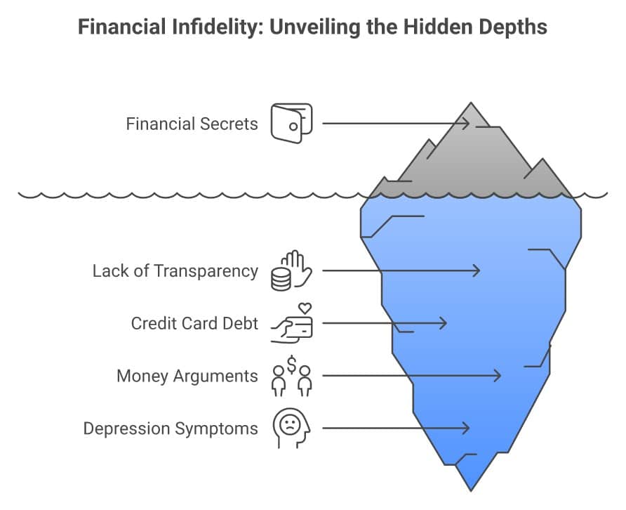 Financial infidelity statistics infographic showing the hidden depths: financial secrets, lack of transparency, credit card debt role in divorce, money arguments as top divorce predictor, and depression connection