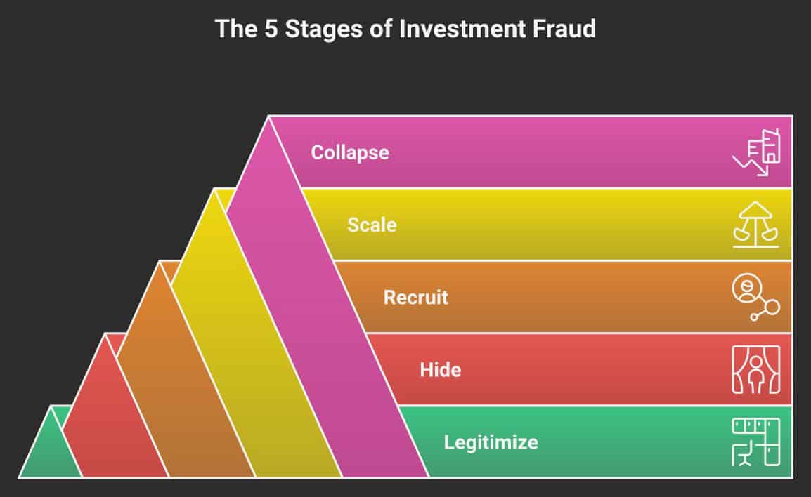 The 5-stage investment fraud lifecycle: Legitimize, Hide, Recruit, Scale, Collapse