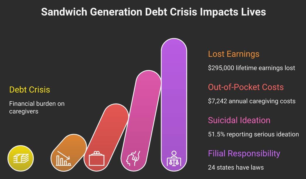 Sandwich Generation Debt Crisis statistics infographic showing $295K lifetime earnings lost, $7,242 annual out-of-pocket costs, 51.5% suicidal ideation rate, and 24 states with filial responsibility laws