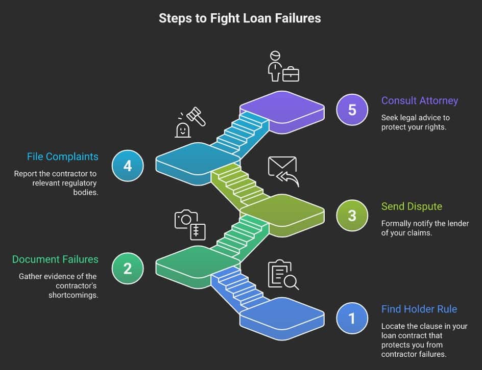 5 steps to fight a solar or home improvement loan when the contractor failed — from finding the Holder Rule notice to consulting a consumer attorney