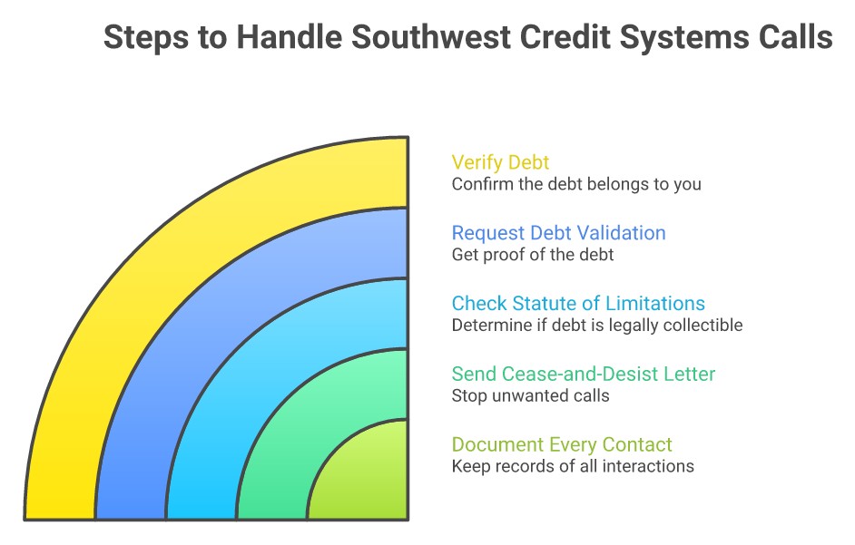 5 steps to handle a call from Southwest Credit Systems: verify debt, request validation, check statute of limitations, send cease-and-desist, document contacts